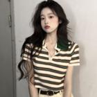 Short Sleeve Stripe Crop Polo Top Green Stripe - Off-white - One Size