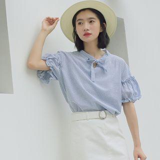 Puff-sleeve Checker Ribbon Top