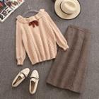 Set: Collared Chunky Knit Sweater + Plaid Midi A-line Skirt