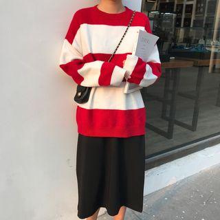 Long Sleeve Striped Knit Sweater Stripes - Red & White - One Size