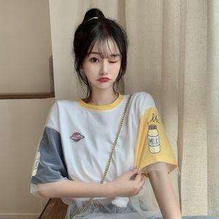 Mock Two-piece Embroidered Short-sleeve T-shirt / Mini Dress