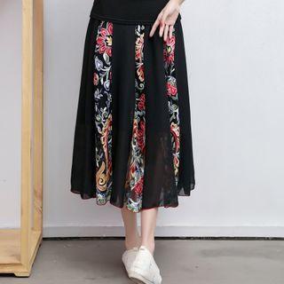 Flower Embroidered Midi A-line Skirt Black - One Size