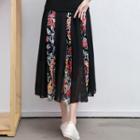 Flower Embroidered Midi A-line Skirt Black - One Size