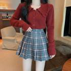 Doll-collar Button-up Knit Top / Plaid Pleated Mini Skirt