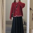 Contrast Stitching Cardigan / Midi A-line Skirt / Set