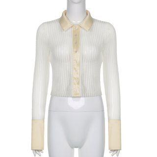 Striped Mesh Crop Shirt