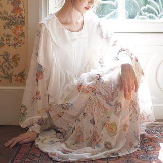 Long-sleeve Printed Ruffle Midi A-line Chiffon Dress