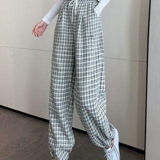Color-block Plaid High-waist Tweed Fleece Pants As Shown In Figure - One Size