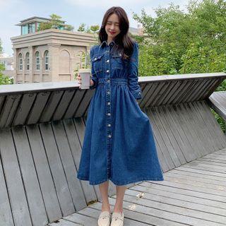 Long-sleeve Denim Midi A-line Shirtdress