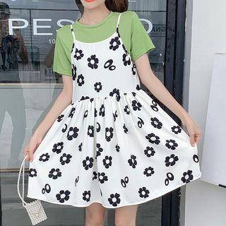 Set: Short-sleeve T-shirt + Spaghetti Strap Flower Print A-line Mini Dress