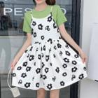 Set: Short-sleeve T-shirt + Spaghetti Strap Flower Print A-line Mini Dress