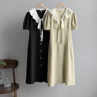 Short-sleeve Tie-neck Button-up Midi A-line Dress