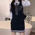 Sleeveless Lettering Knit Mini Bodycon Dress / Shirt With Tie