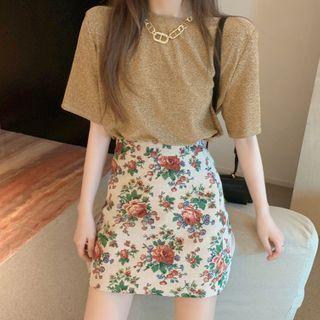Short-sleeve Glitter Top / Floral Print A-line Skirt