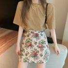 Short-sleeve Glitter Top / Floral Print A-line Skirt