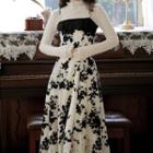 Set: Long-sleeve Lace Top + Spaghetti Strap Floral Print Midi A-line Dress
