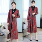 Set: Sleeveless Velvet Cheongsam + Long Floral Print Jacket