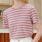 Short-sleeve Striped Round Neck T-shirt Colorful Stripe - One Size