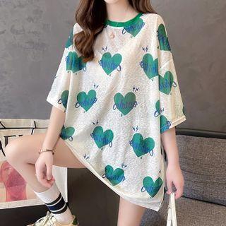 Elbow-sleeve Mesh Heart Print Oversized T-shirt