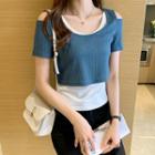 Mock Two-piece Cold-shoulder Ribbed T-shirt