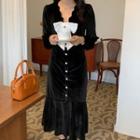 Long-sleeve Button-up Ruffle Hem Midi Sheath Dress