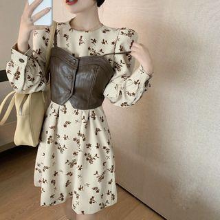 Spaghetti Strap Top / Long-sleeve Floral Print Mini A-line Dress
