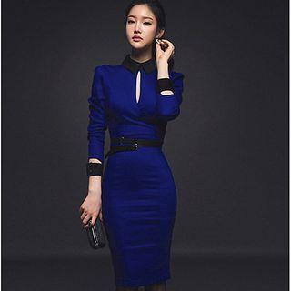 Long-sleeve Open Front Collared Sheath Dress
