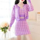 Set: Sleeveless Checked Knit Top + Fitted Mini Skirt + Cardigan