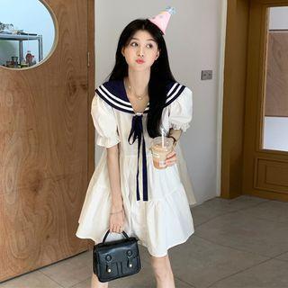 Short-sleeve Sailor Collared Tie Neck Mini A-line Dress