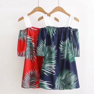 Leaf Print Off Shoulder Short Sleeve T-shirt