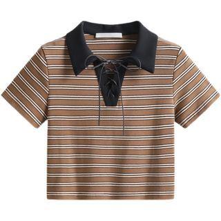 Short-sleeve Striped Lace-up Polo Knit Top
