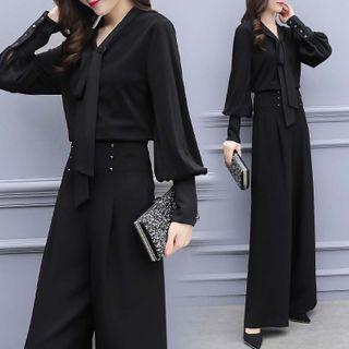 Set: Tie-neck Lantern-sleeve Blouse + High-waist Wide-leg Pants