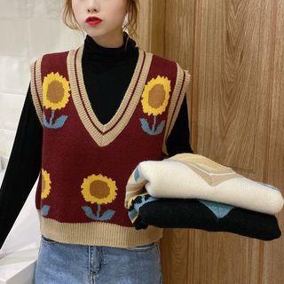 Flower Knit Vest / Mock Neck Long-sleeve Top