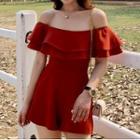 Ruffle Trim Off-shoulder Plain Jumpsuit