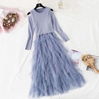 Set: Cold-shoulder Knit Top + Spaghetti Strap A-line Layered Mesh Dress
