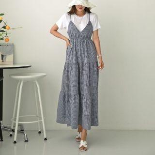 Gingham Tiered Maxi Overall Dress