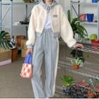Long-sleeve Mock Two-piece Fleece Hooded Jacket / High-waist Contrast Trim Pants