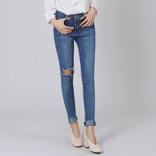 Cutout-trim Washed Skinny Jeans