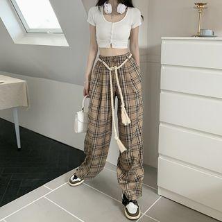 High Waist Plaid Loose Fit Pants Plaid - Khaki - One Size