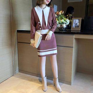 Set: Button-detail Sweater + Contrast-trim Mini Knit Skirt