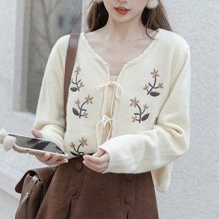 Lace-up Floral Embroidered Cardigan Almond - One Size