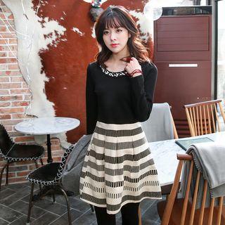 Stripe Rhinestone Round-neck Dress