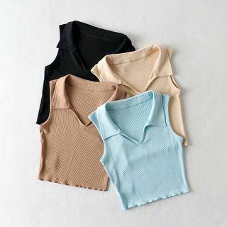 Sleeveless Ribbed Polo-neck Top
