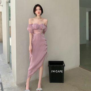 Asymmetrical Boatneck Drawstring Chiffon Midi Dress