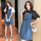 Short-sleeve Cutout Denim Panel Mini A-line Dress