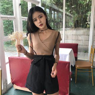 Set: Short Sleeve Wrap T-shirt + Suspender Shorts