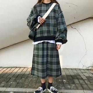Set: Check Long-sleeve Loose-fit Top + Skirt As Figure - One Size