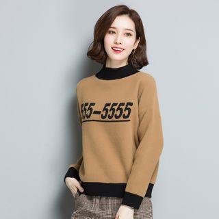 Number Print Mock-neck Sweater