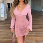 Ruched V-neck Long-sleeve Mini Dress