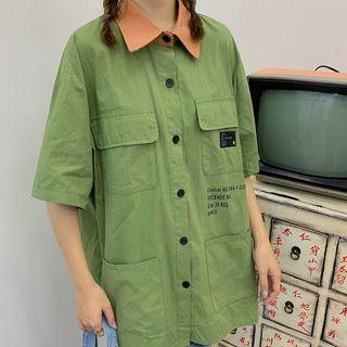 Elbow-sleeve Contrast Collar Cargo Shirt